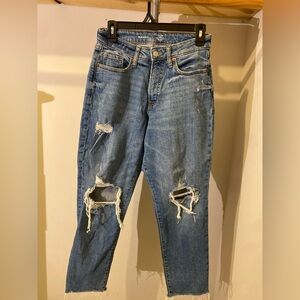 Old Navy Distressed High Rise Curvy OG Straight Jeans in Blue